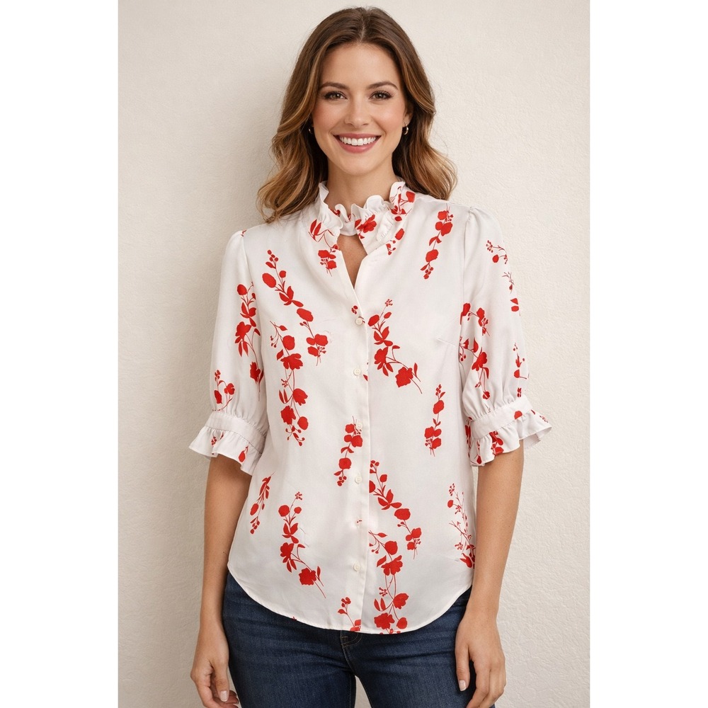 Ann Taylor Women's White Red Floral Ruffle Short Sleeve Blouse Top XS